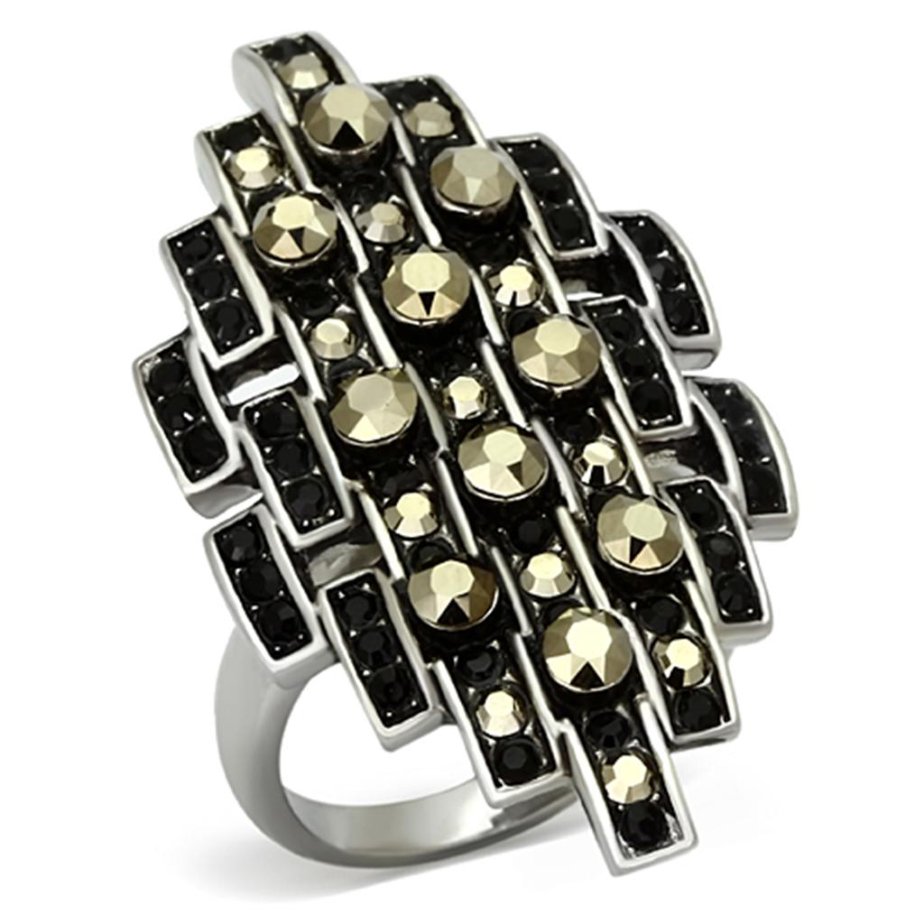High polished (no plating) Stainless Steel Ring with Top Grade Crystal  in Jet