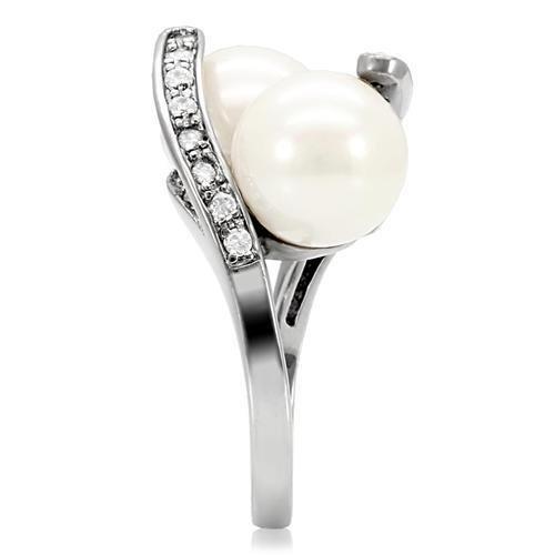 High polished (no plating) Stainless Steel Ring with Synthetic Pearl in White