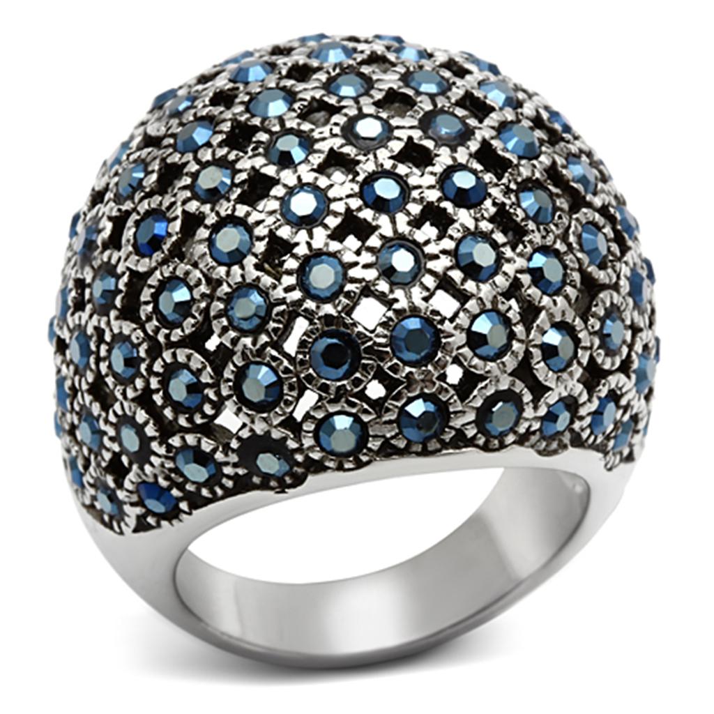 High polished (no plating) Stainless Steel Ring with Top Grade Crystal  in Aquamarine AB