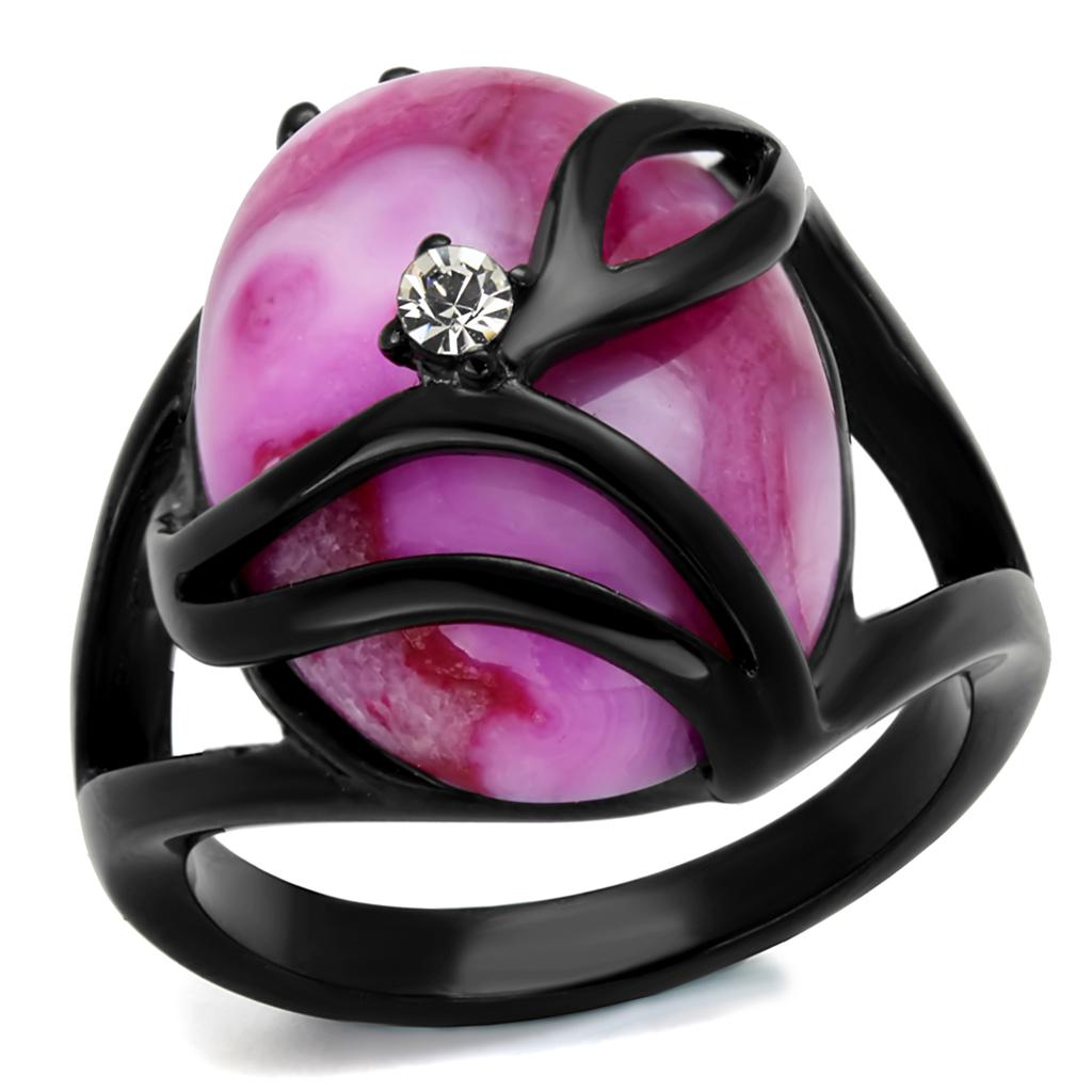 IP Black(Ion Plating) Stainless Steel Ring with Synthetic Cat Eye in Fuchsia
