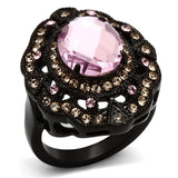 IP Black(Ion Plating) Stainless Steel Ring with Top Grade Crystal  in Light Rose
