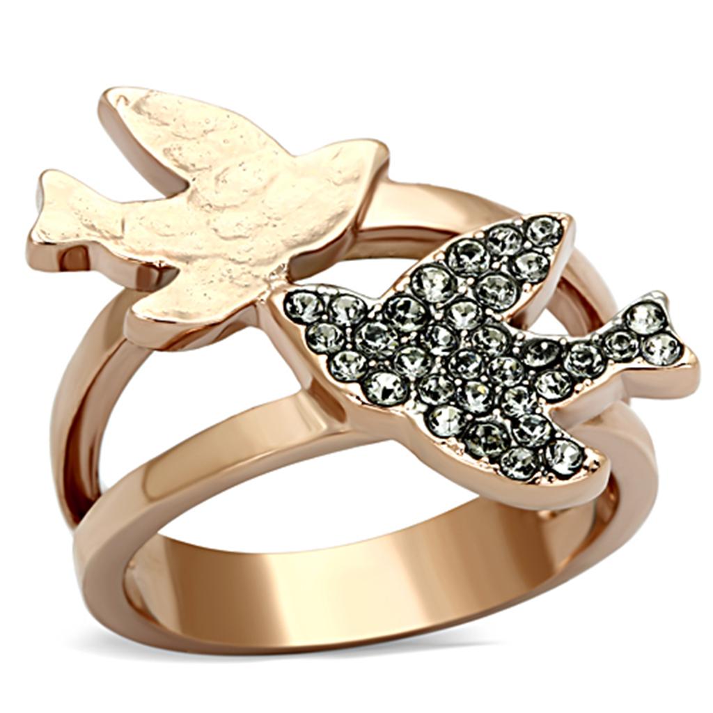 Two-Tone IP Rose Gold Stainless Steel Ring with Top Grade Crystal  in Black Diamond