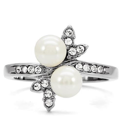 High polished (no plating) Stainless Steel Ring with Synthetic Pearl in White