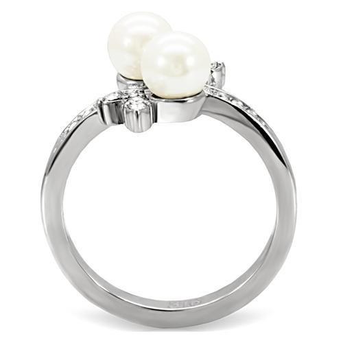 High polished (no plating) Stainless Steel Ring with Synthetic Pearl in White