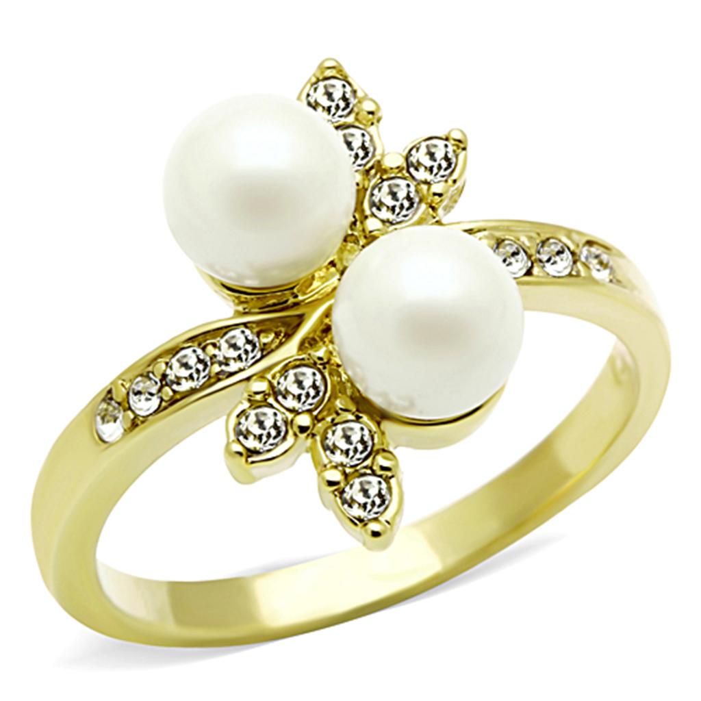 IP Gold(Ion Plating) Stainless Steel Ring with Synthetic Pearl in White