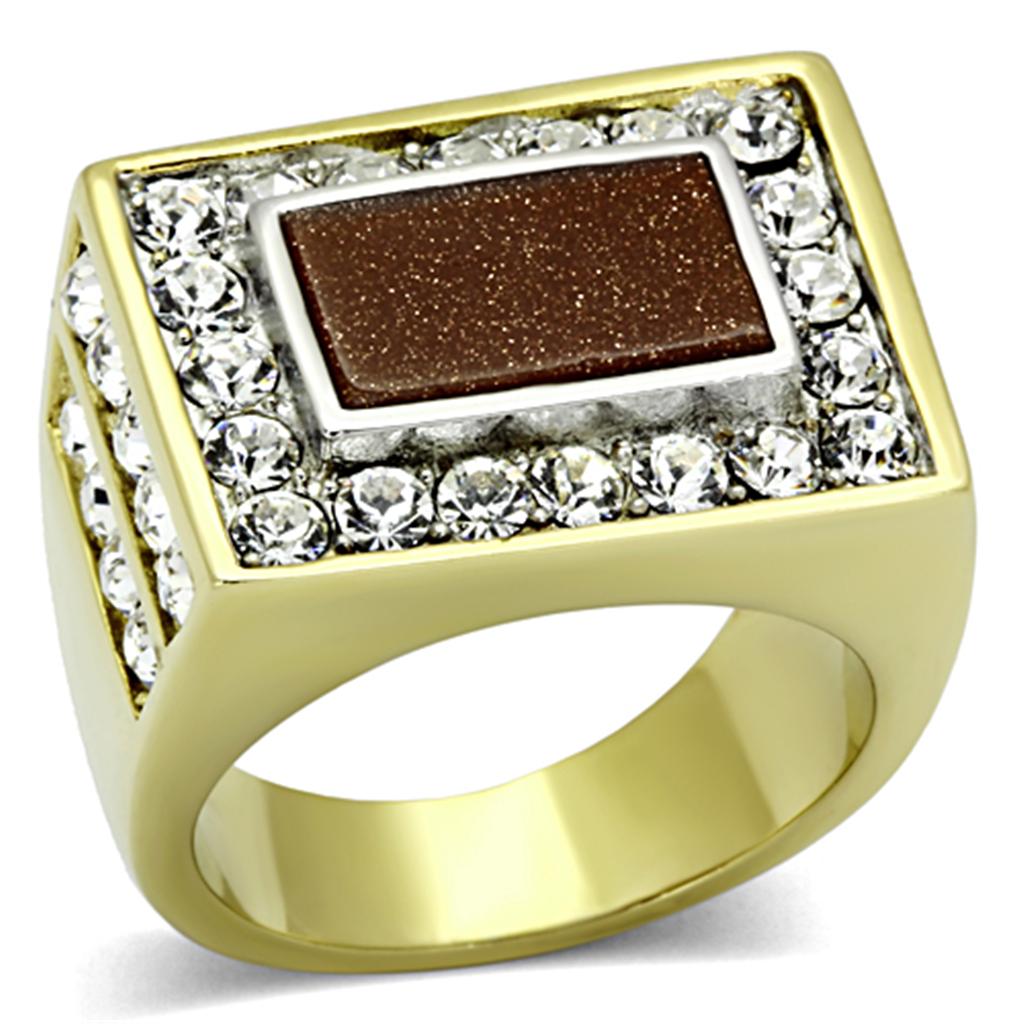 Two-Tone IP Gold (Ion Plating) Stainless Steel Ring with Synthetic Twinkling in Topaz