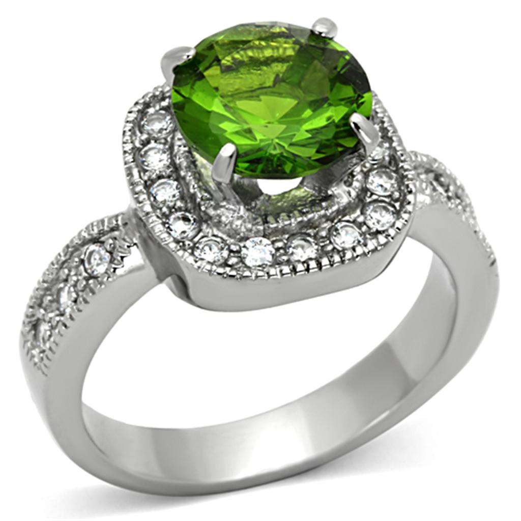 High polished (no plating) Stainless Steel Ring with Synthetic Synthetic Glass in Peridot