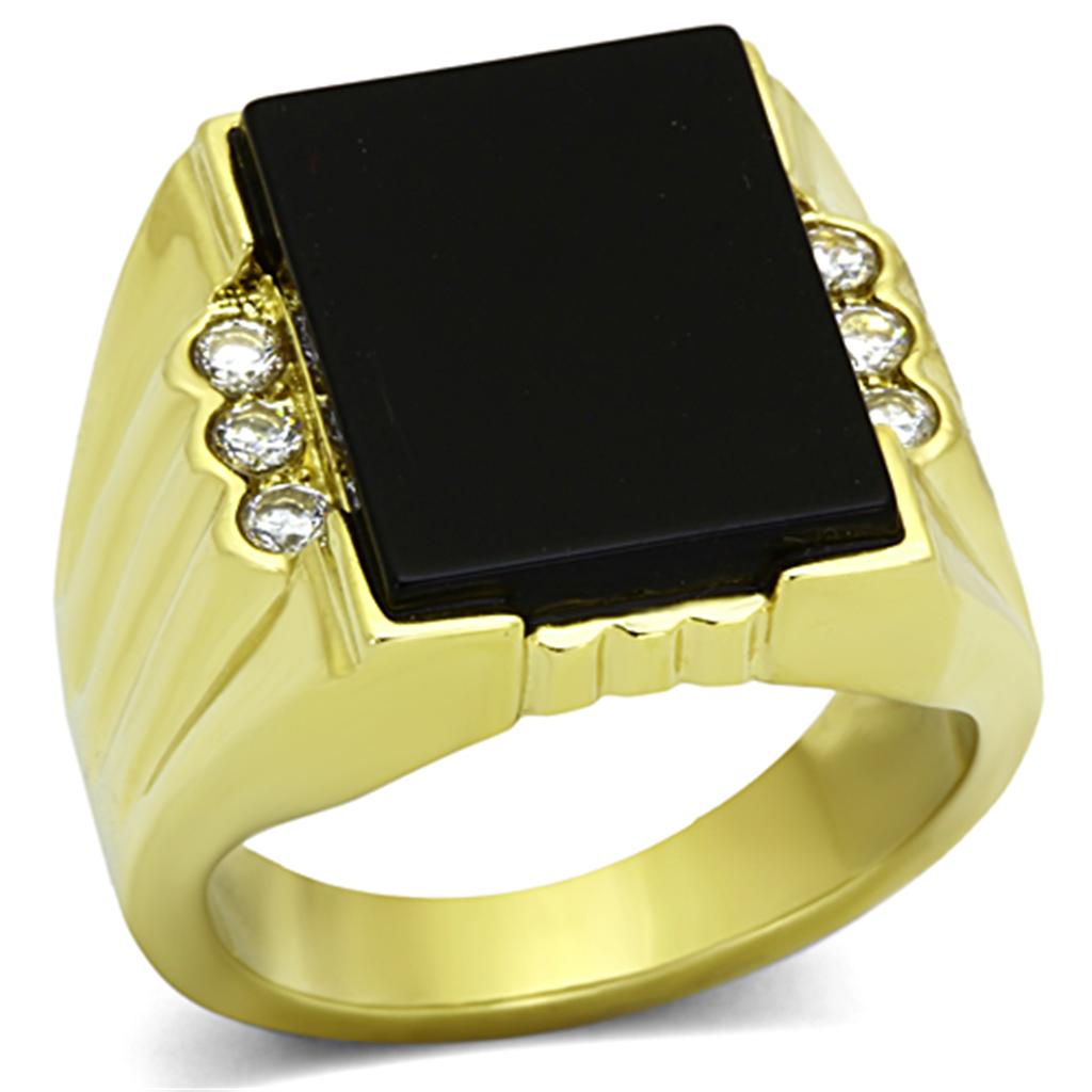 IP Gold(Ion Plating) Stainless Steel Ring with Synthetic Onyx in Jet