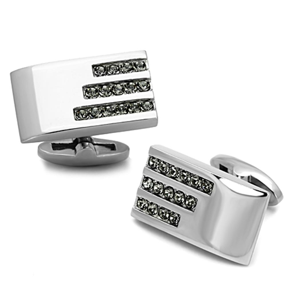 High polished (no plating) Stainless Steel Cufflink with Top Grade Crystal  in Black Diamond
