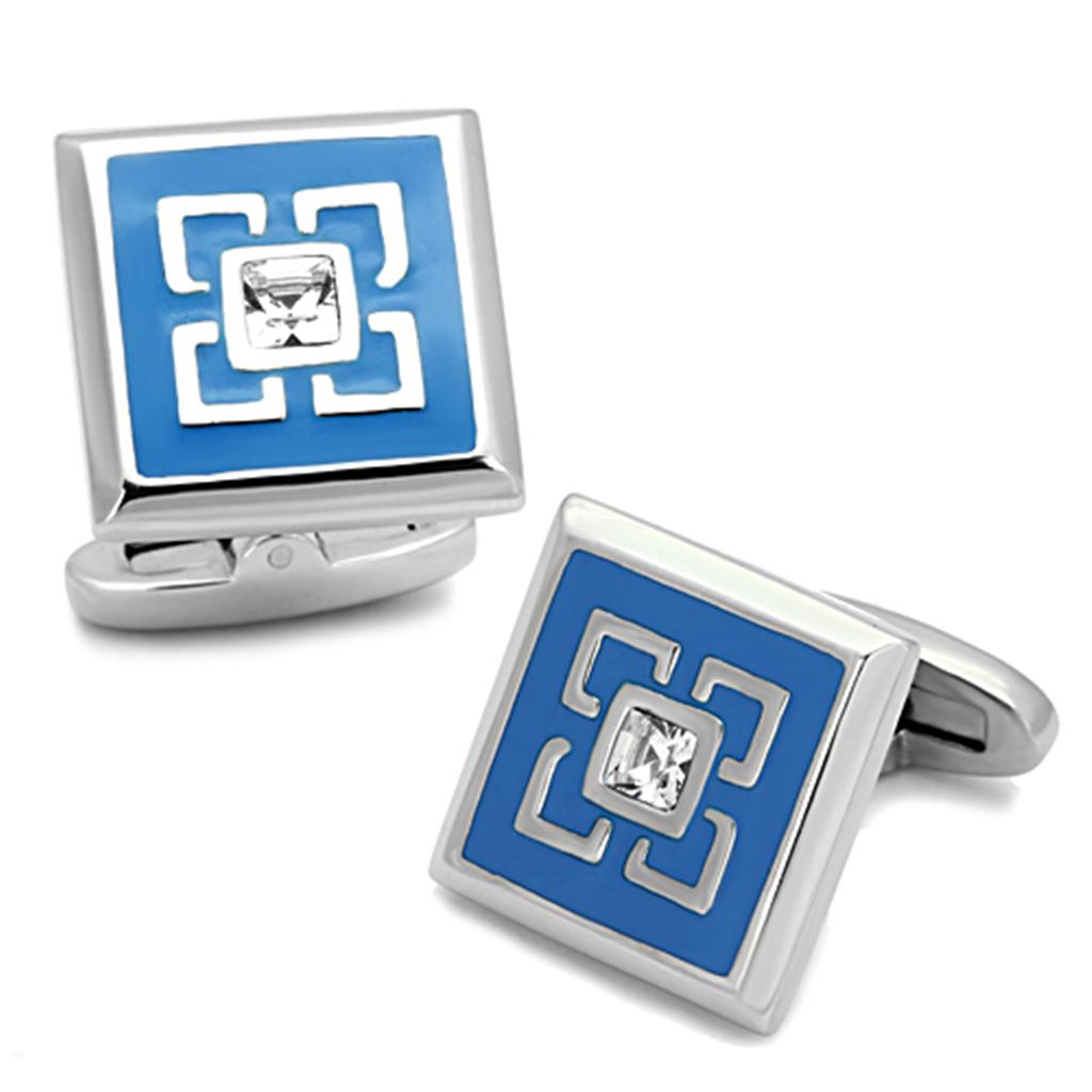 High polished (no plating) Stainless Steel Cufflink with Top Grade Crystal  in Clear