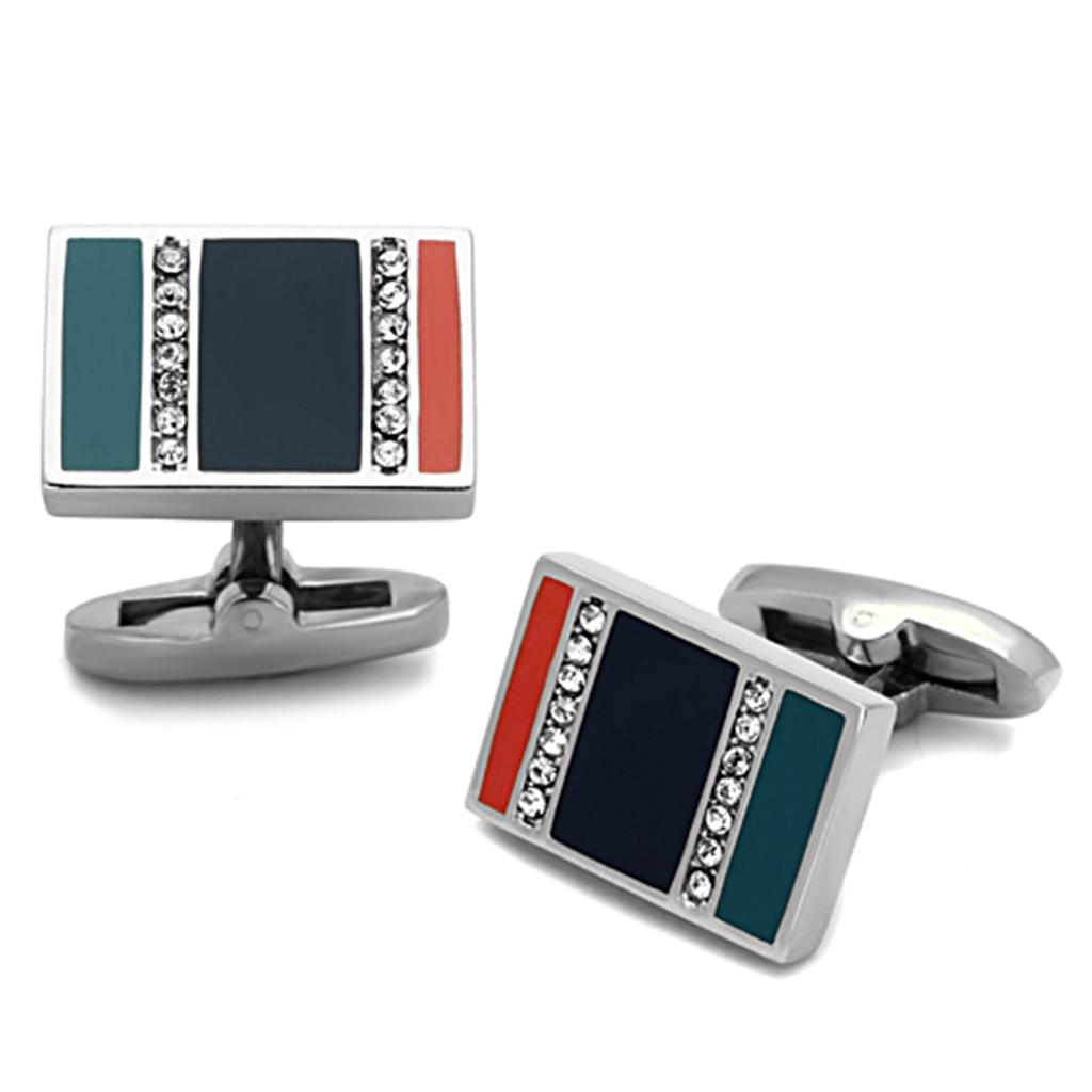 High polished (no plating) Stainless Steel Cufflink with Top Grade Crystal  in Clear
