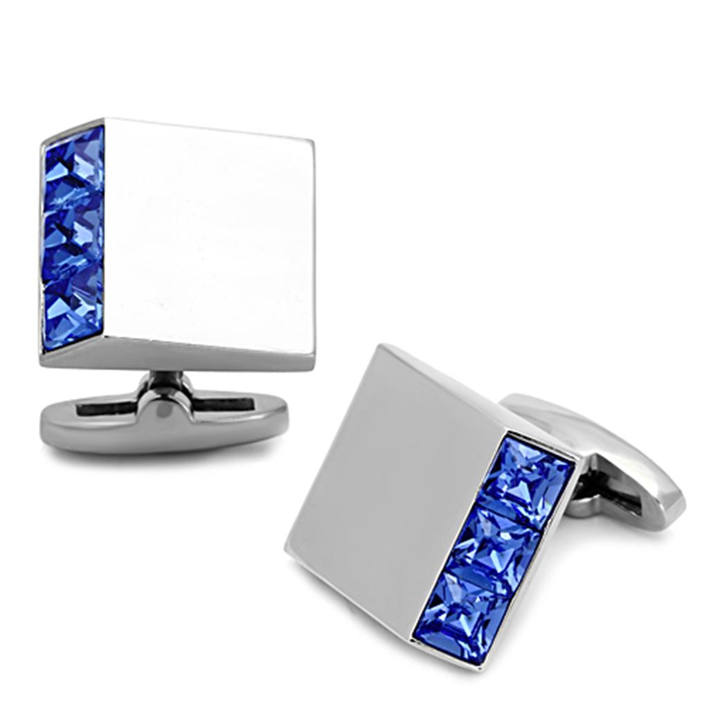 High polished (no plating) Stainless Steel Cufflink with Top Grade Crystal  in Sapphire