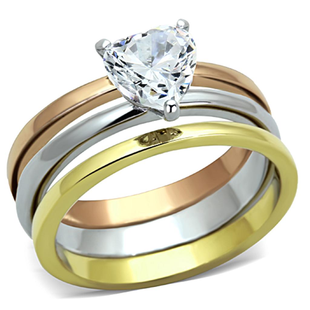 Three Tone (IP Gold & IP Rose Gold & High Polished) Stainless Steel Ring with AAA Grade CZ  in Clear