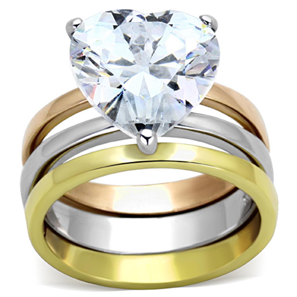 Three Tone (IP Gold & IP Rose Gold & High Polished) Stainless Steel Ring with AAA Grade CZ  in Clear