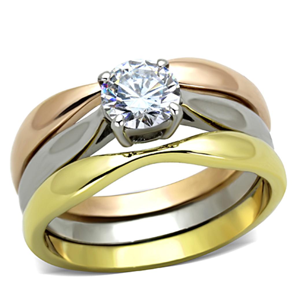 Three Tone (IP Gold & IP Rose Gold & High Polished) Stainless Steel Ring with AAA Grade CZ  in Clear
