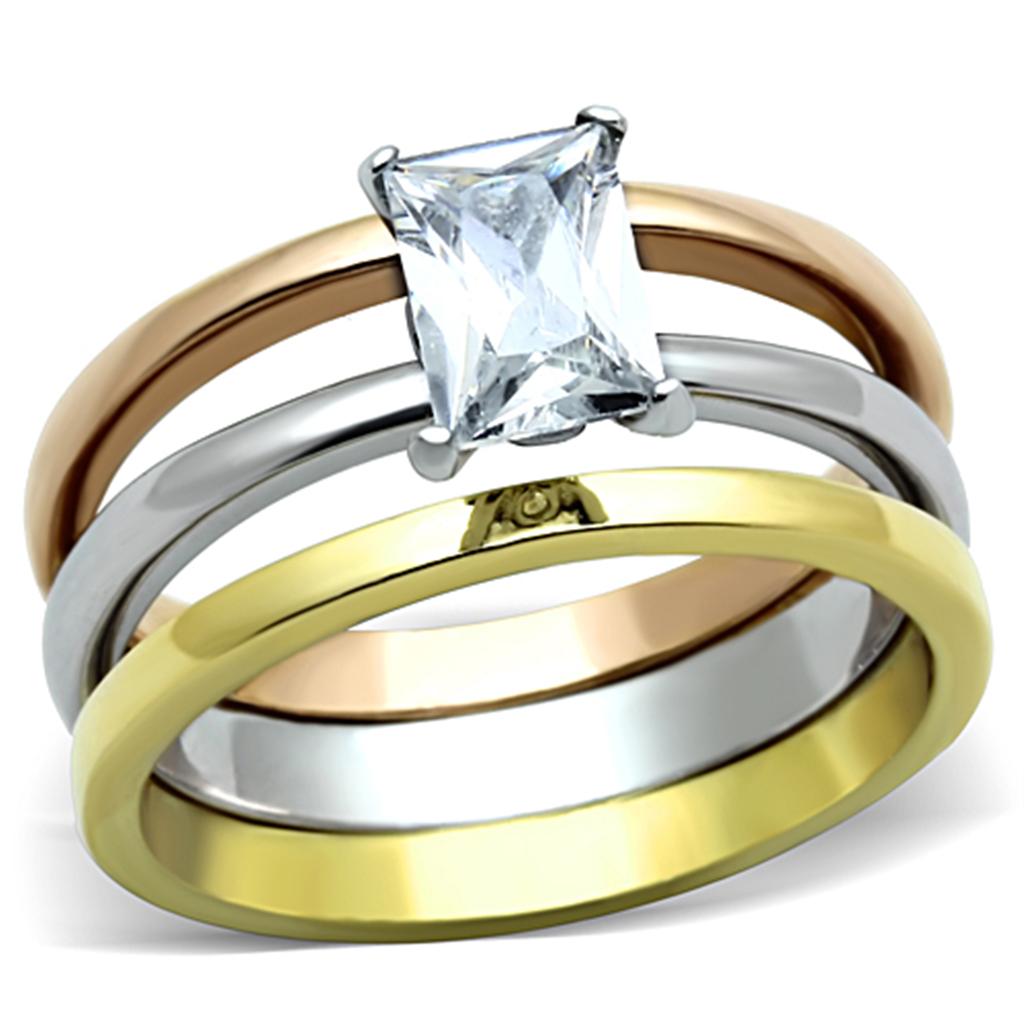 Three Tone (IP Gold & IP Rose Gold & High Polished) Stainless Steel Ring with AAA Grade CZ  in Clear