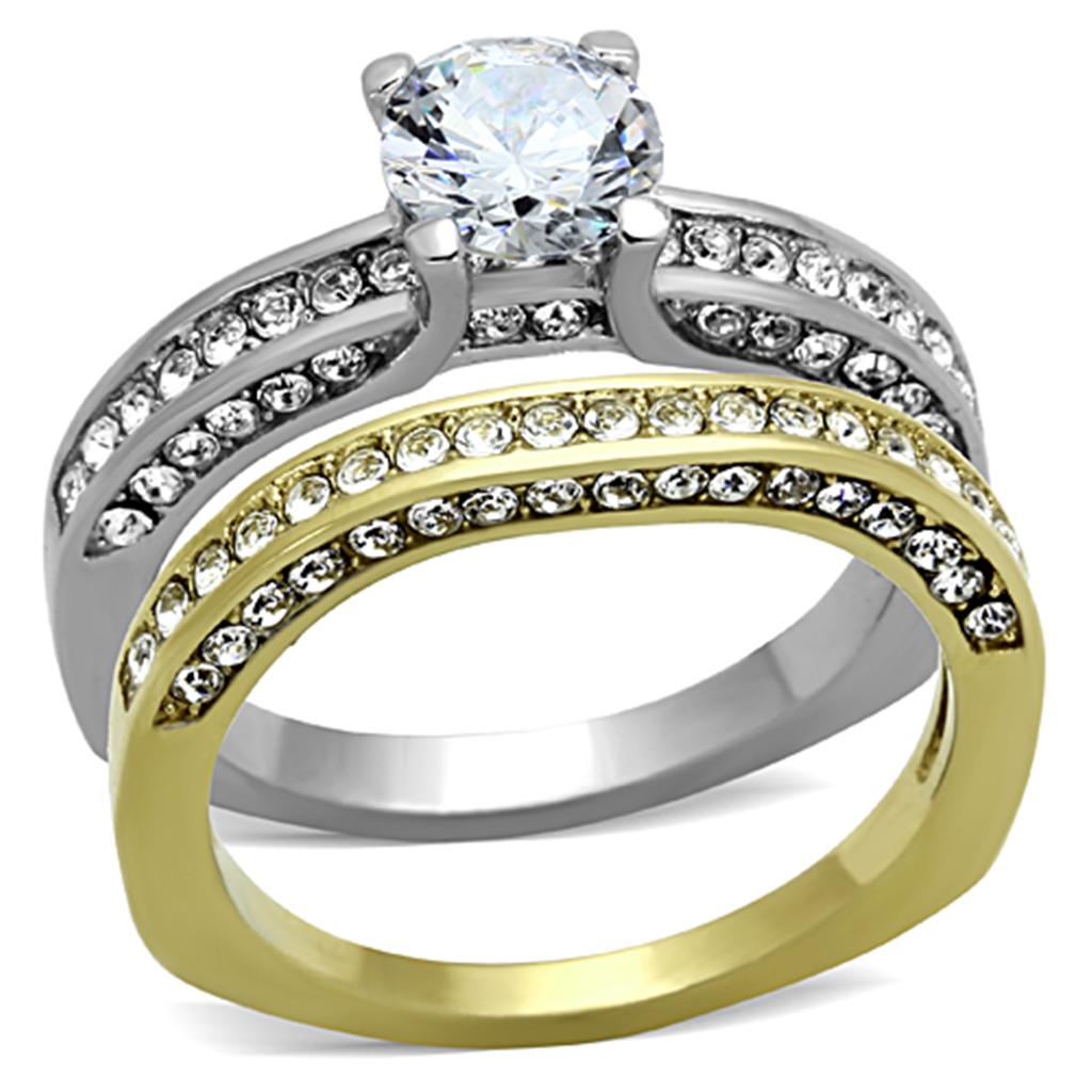 Two-Tone IP Gold (Ion Plating) Stainless Steel Ring with AAA Grade CZ  in Clear