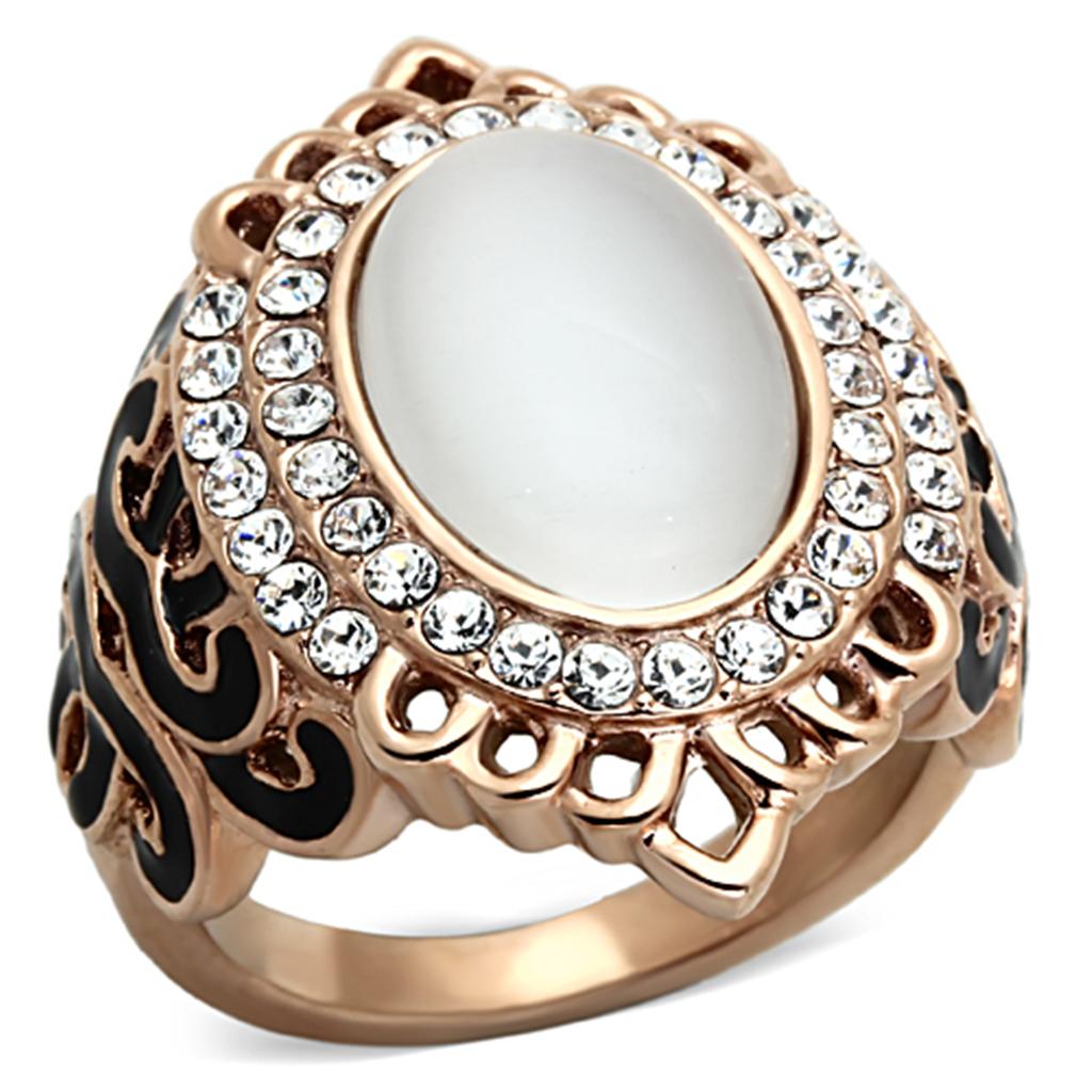 IP Rose Gold(Ion Plating) Stainless Steel Ring with Synthetic Cat Eye in White