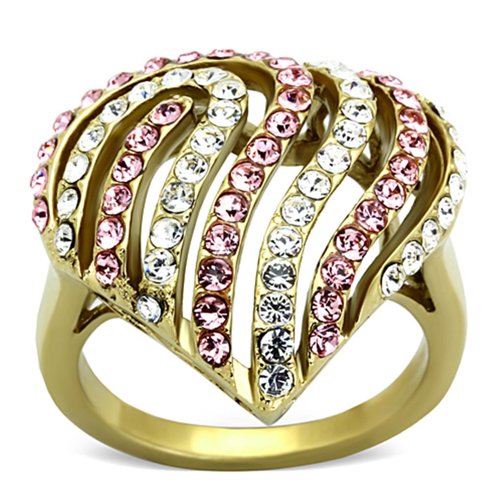 IP Gold(Ion Plating) Stainless Steel Ring with Top Grade Crystal  in Light Rose