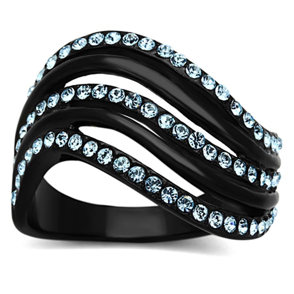 IP Black(Ion Plating) Stainless Steel Ring with Top Grade Crystal  in Sea Blue