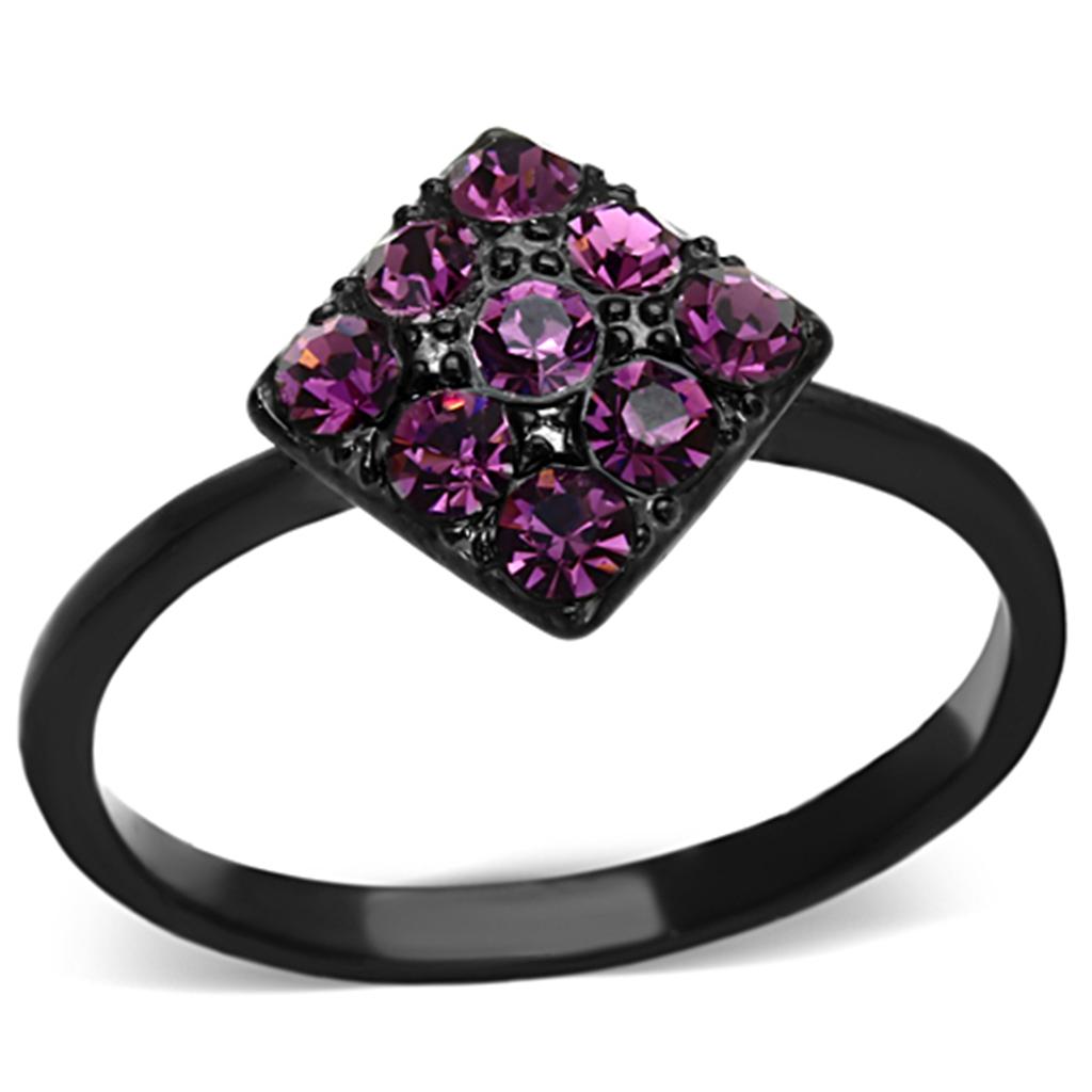 IP Black(Ion Plating) Stainless Steel Ring with Top Grade Crystal  in Amethyst