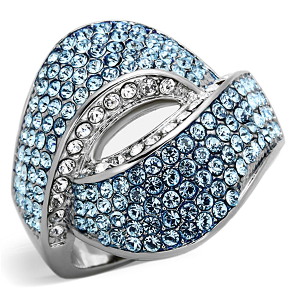 High polished (no plating) Stainless Steel Ring with Top Grade Crystal  in Sea Blue