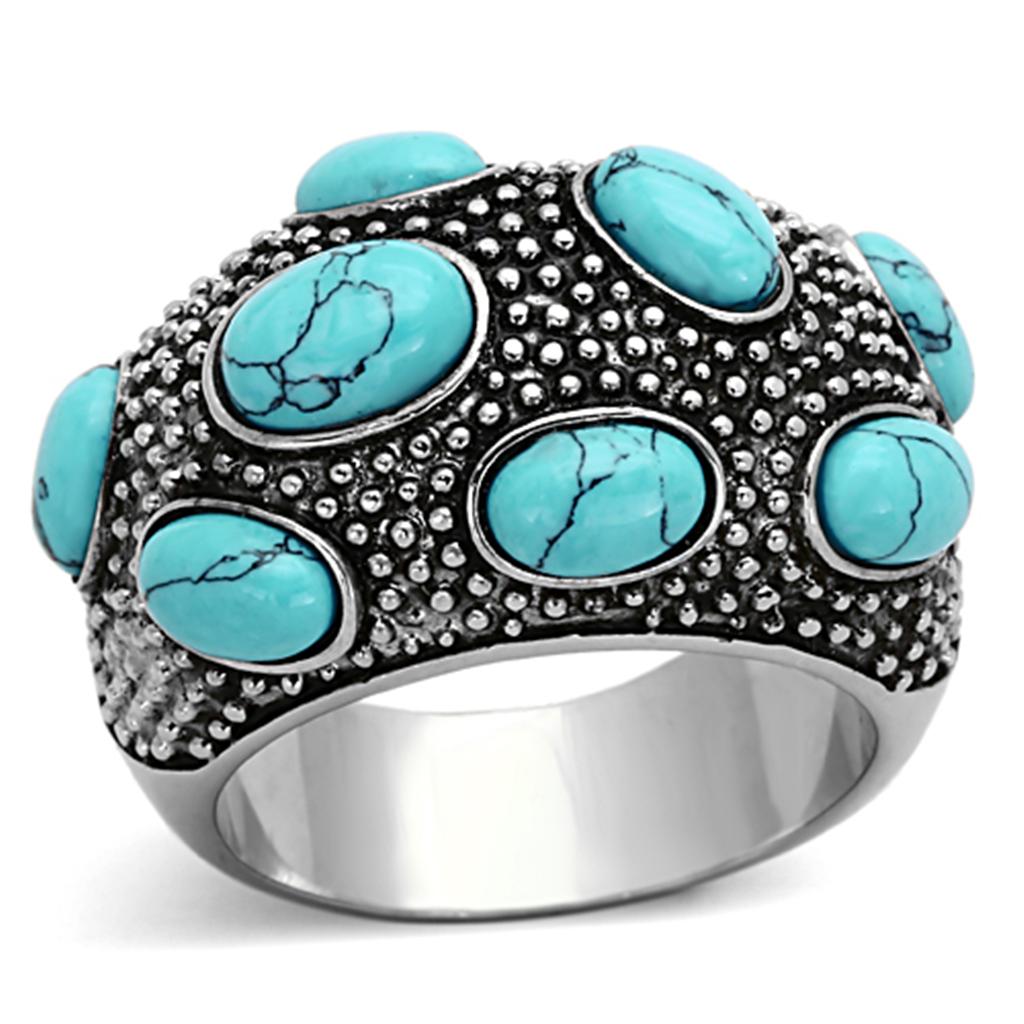 High polished (no plating) Stainless Steel Ring with Synthetic Turquoise in Sea Blue