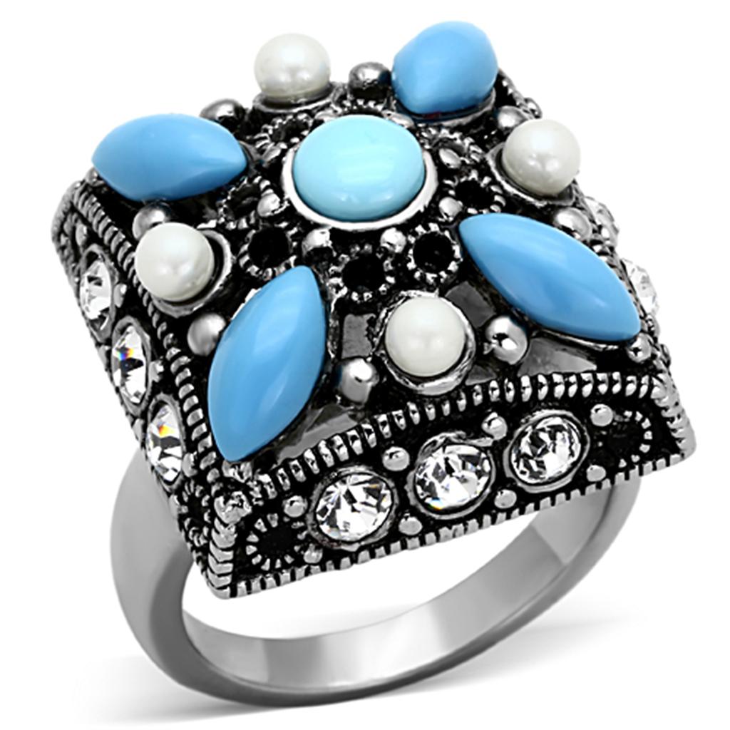 High polished (no plating) Stainless Steel Ring with Synthetic Turquoise in Sea Blue