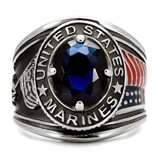 High-Polished Stainless Steel Marines Ring with Montana Blue Synthetic Glass