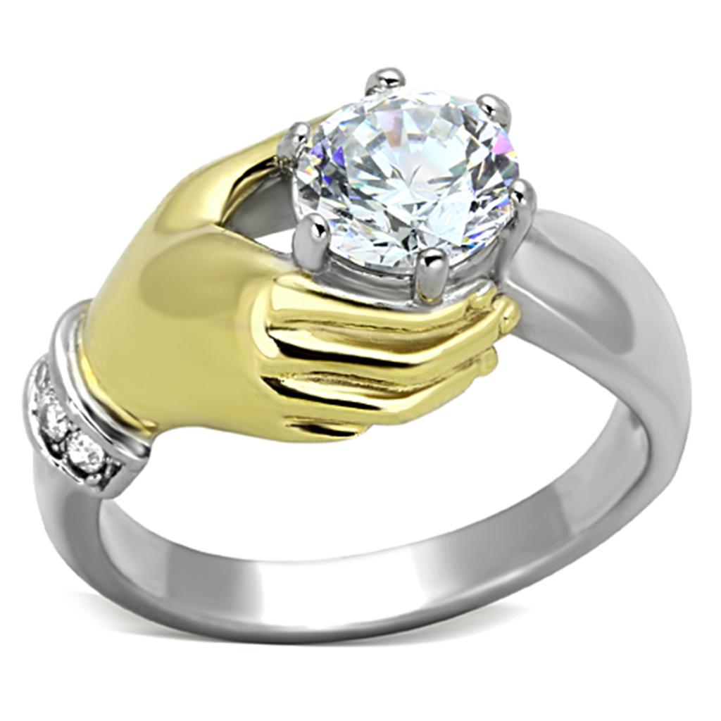Two-Tone IP Gold (Ion Plating) Stainless Steel Ring with AAA Grade CZ  in Clear