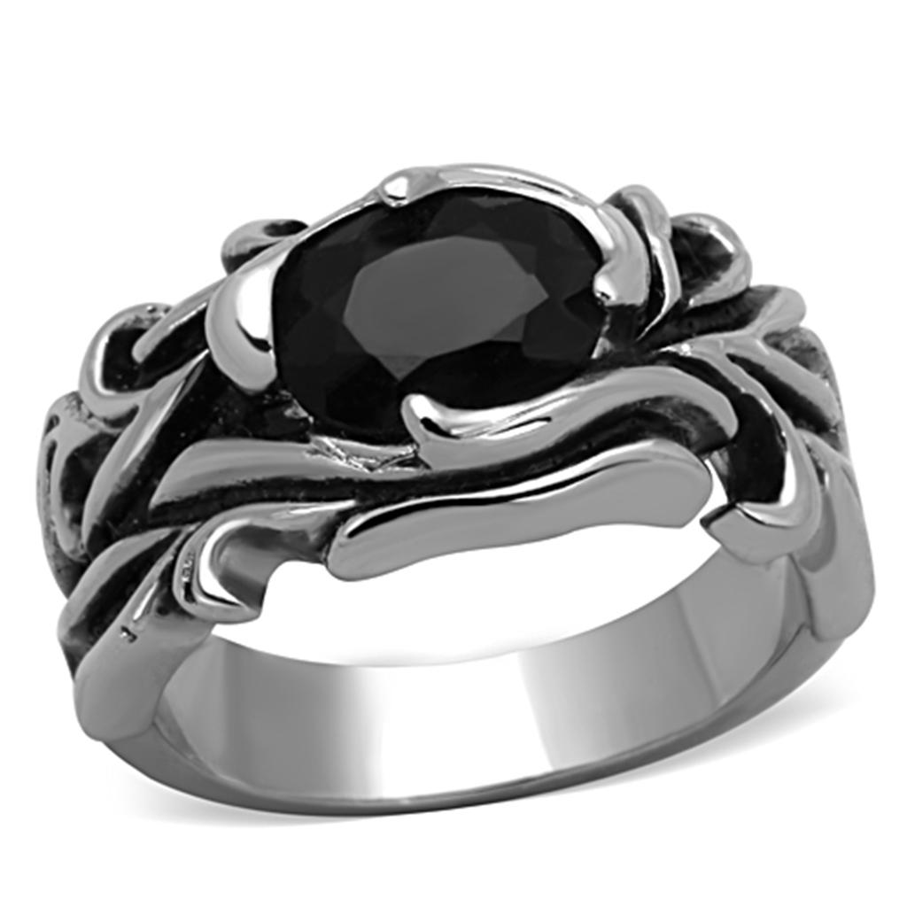 High polished (no plating) Stainless Steel Ring with Synthetic Synthetic Glass in Jet