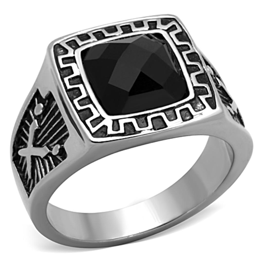 High polished (no plating) Stainless Steel Ring with Synthetic Synthetic Glass in Jet