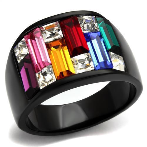 IP Black(Ion Plating) Stainless Steel Ring with Top Grade Crystal  in Multi Color