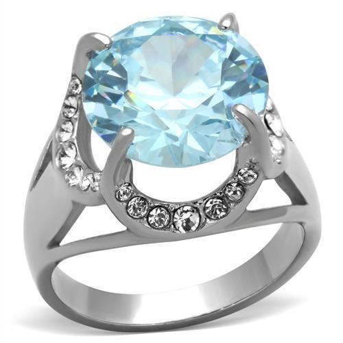 High polished (no plating) Stainless Steel Ring with AAA Grade CZ  in Sea Blue