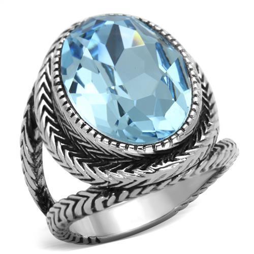 High polished (no plating) Stainless Steel Ring with Top Grade Crystal  in Sea Blue