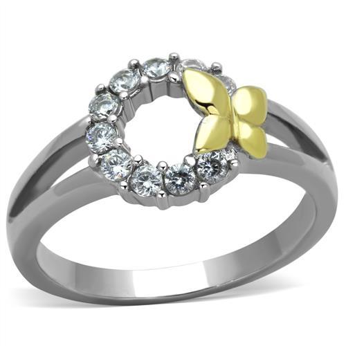 Two-Tone IP Gold (Ion Plating) Stainless Steel Ring with AAA Grade CZ  in Clear