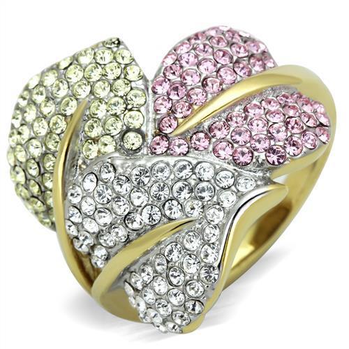 Two-Tone IP Gold (Ion Plating) Stainless Steel Ring with Top Grade Crystal  in Multi Color