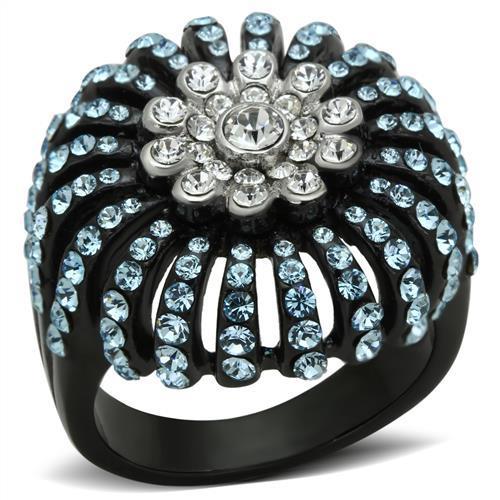 Two-Tone IP Black Stainless Steel Ring with Top Grade Crystal  in Sea Blue