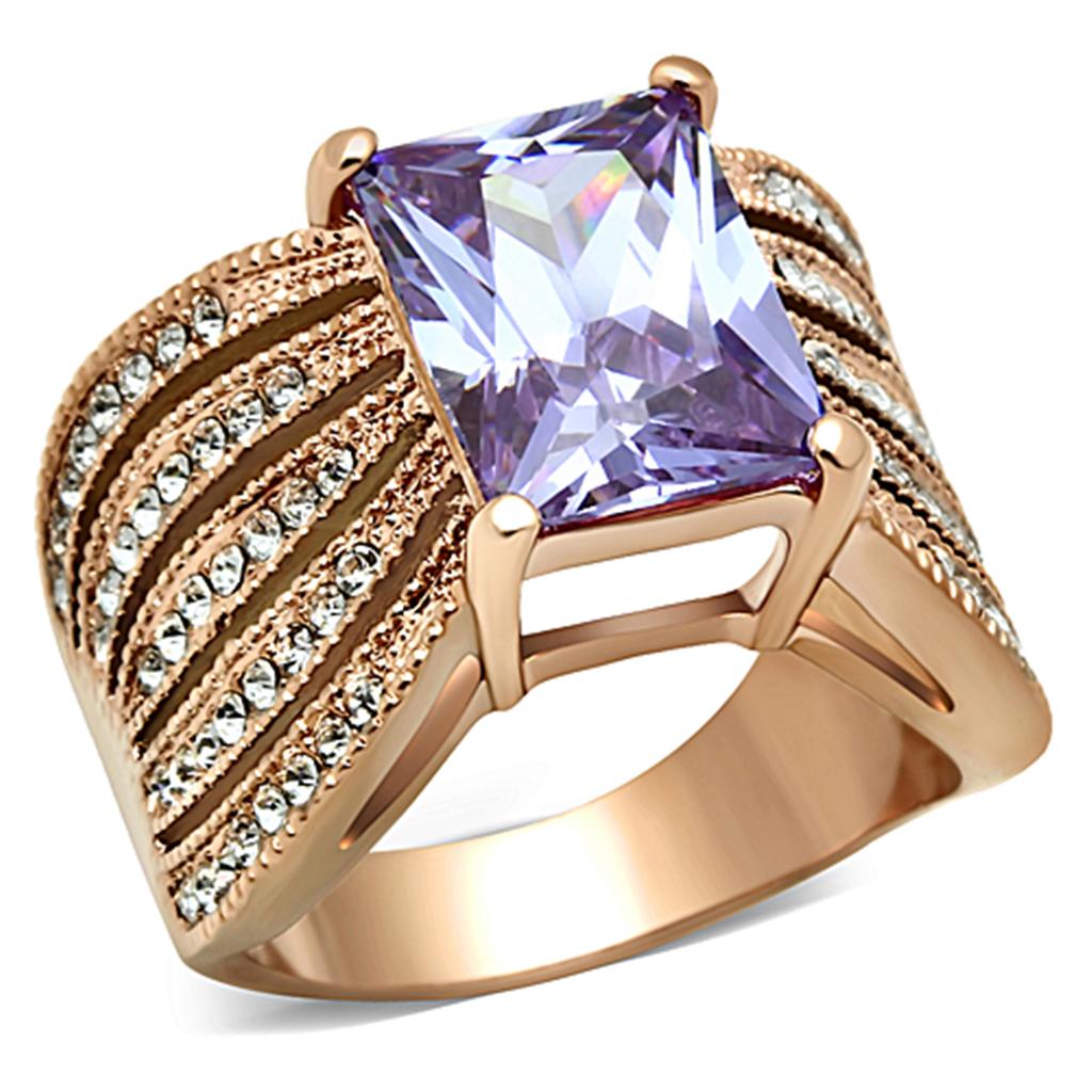 IP Rose Gold(Ion Plating) Stainless Steel Ring with AAA Grade CZ  in Light Amethyst
