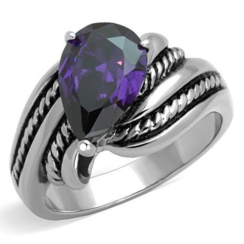 High polished (no plating) Stainless Steel Ring with AAA Grade CZ  in Amethyst