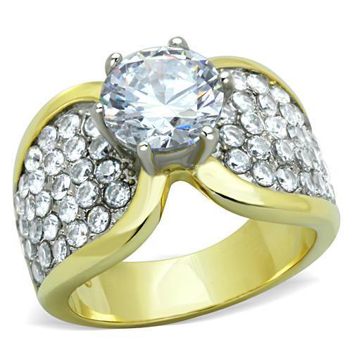 Two-Tone IP Gold (Ion Plating) Stainless Steel Ring with AAA Grade CZ  in Clear