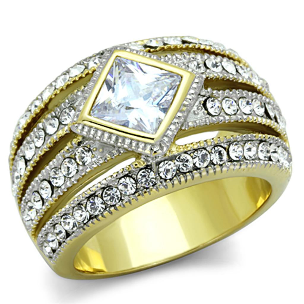 Two-Tone IP Gold (Ion Plating) Stainless Steel Ring with AAA Grade CZ  in Clear