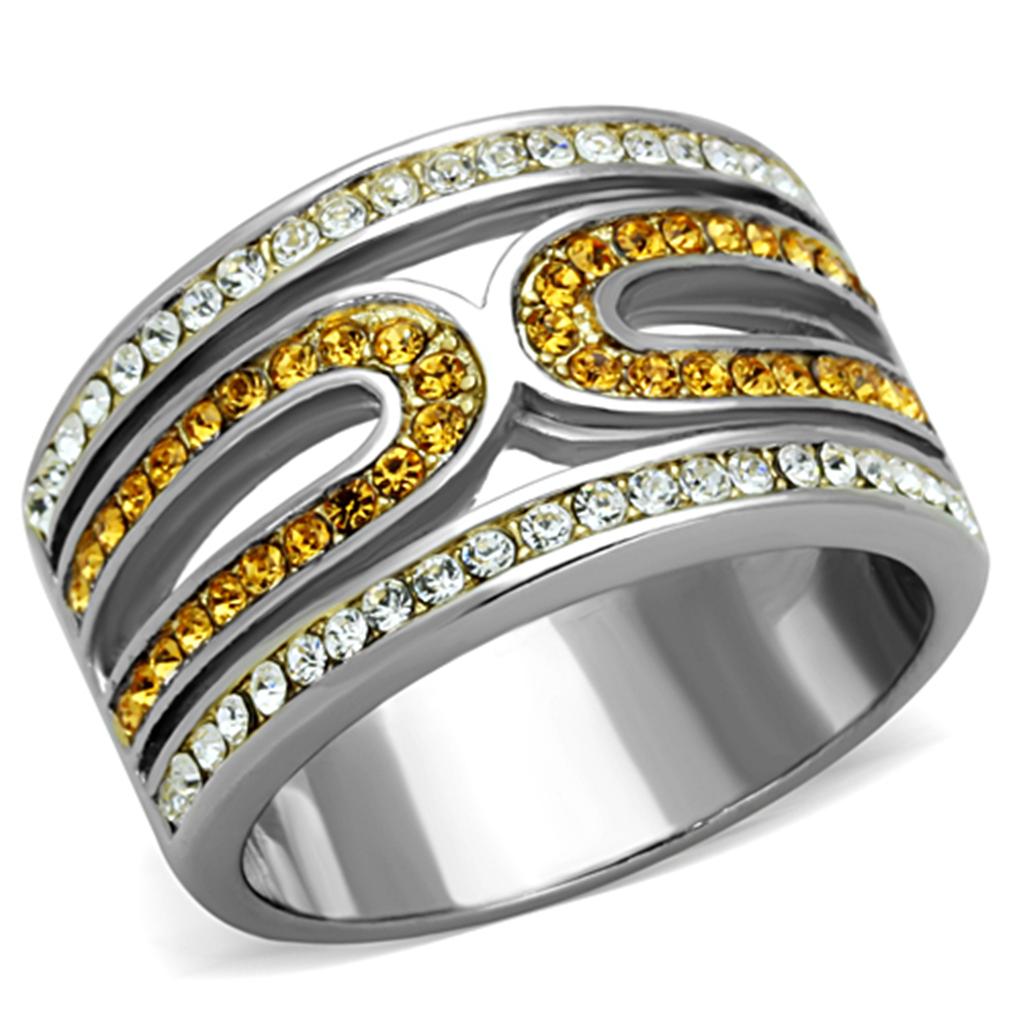 Two-Tone IP Gold (Ion Plating) Stainless Steel Ring with Top Grade Crystal  in Topaz