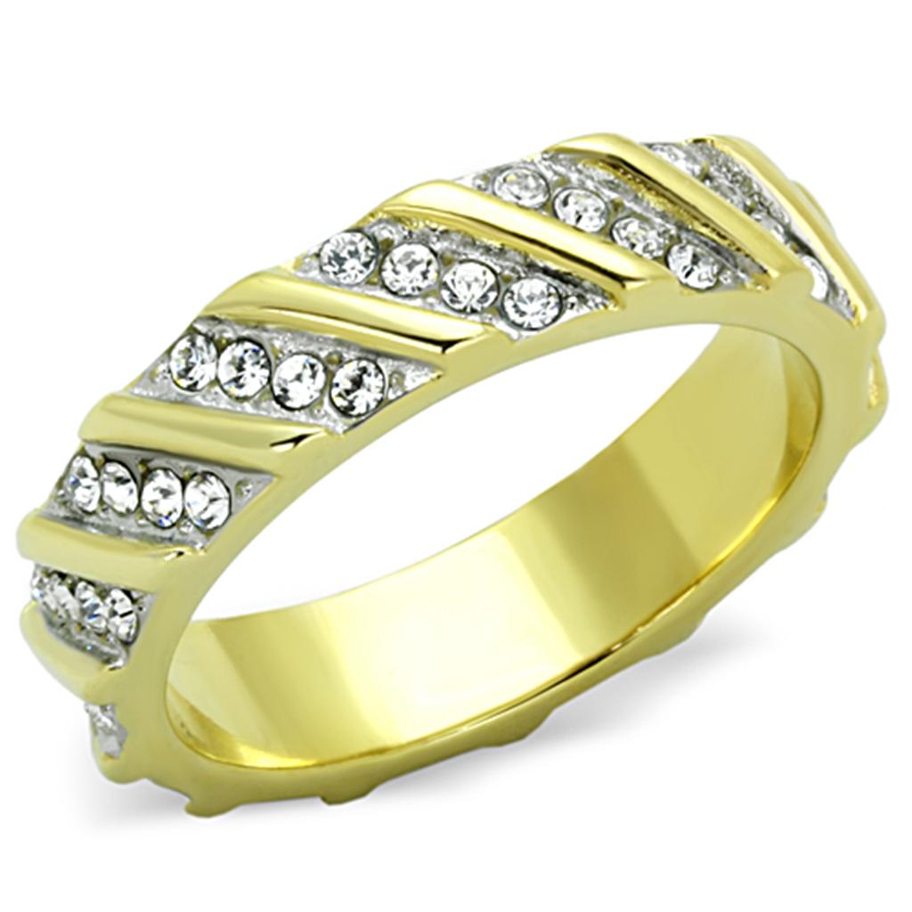 Two-Tone IP Gold (Ion Plating) Stainless Steel Ring with Top Grade Crystal  in Clear