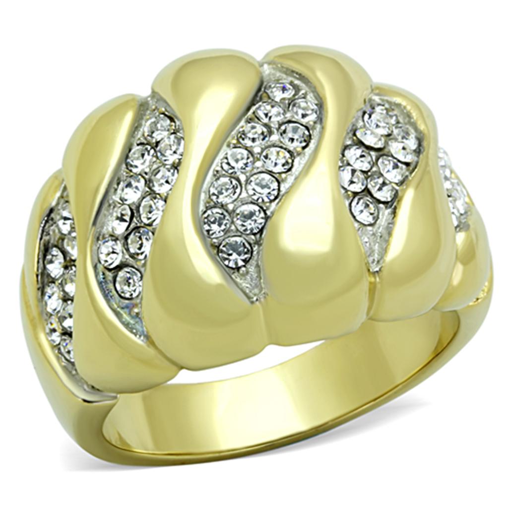 Two-Tone IP Gold (Ion Plating) Stainless Steel Ring with Top Grade Crystal  in Clear