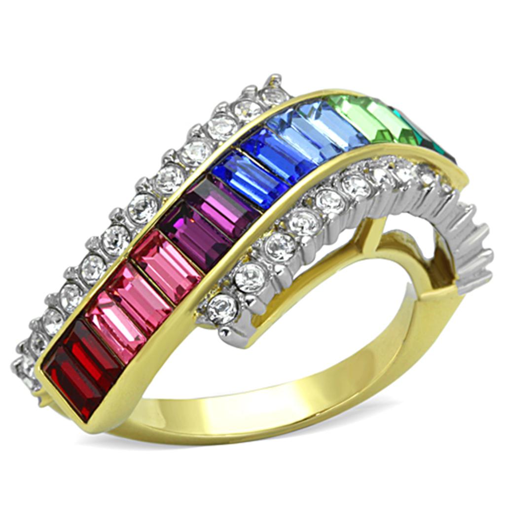 Two-Tone IP Gold (Ion Plating) Stainless Steel Ring with Top Grade Crystal  in Multi Color