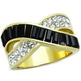 Two-Tone IP Gold (Ion Plating) Stainless Steel Ring with Top Grade Crystal  in Jet