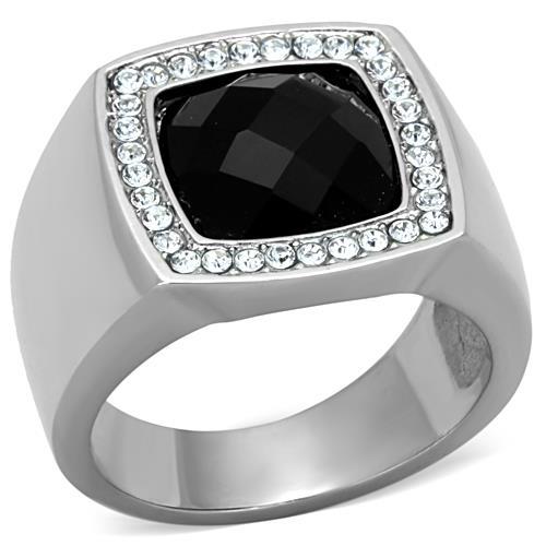 High polished (no plating) Stainless Steel Ring with Semi-Precious Onyx in Jet