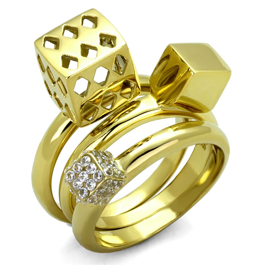 IP Gold(Ion Plating) Stainless Steel Ring with AAA Grade CZ  in Clear