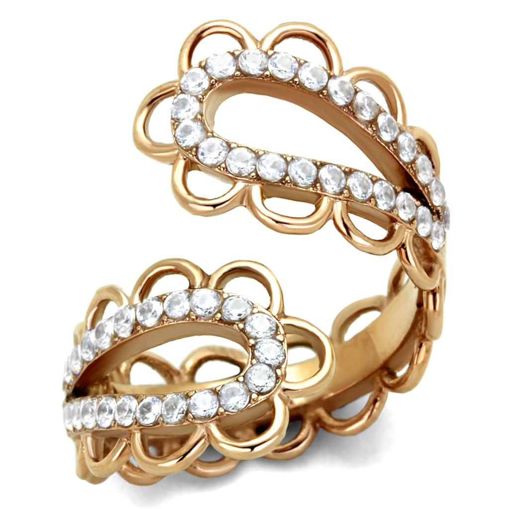 IP Rose Gold(Ion Plating) Stainless Steel Ring with AAA Grade CZ  in Clear